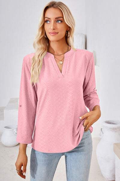 Notched Roll-Tab Sleeve T-Shirt - Trendsi - Flyclothing LLC