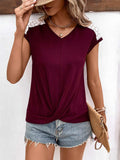 Spliced Lace V-Neck Twisted Hem Tee - Trendsi - Flyclothing LLC