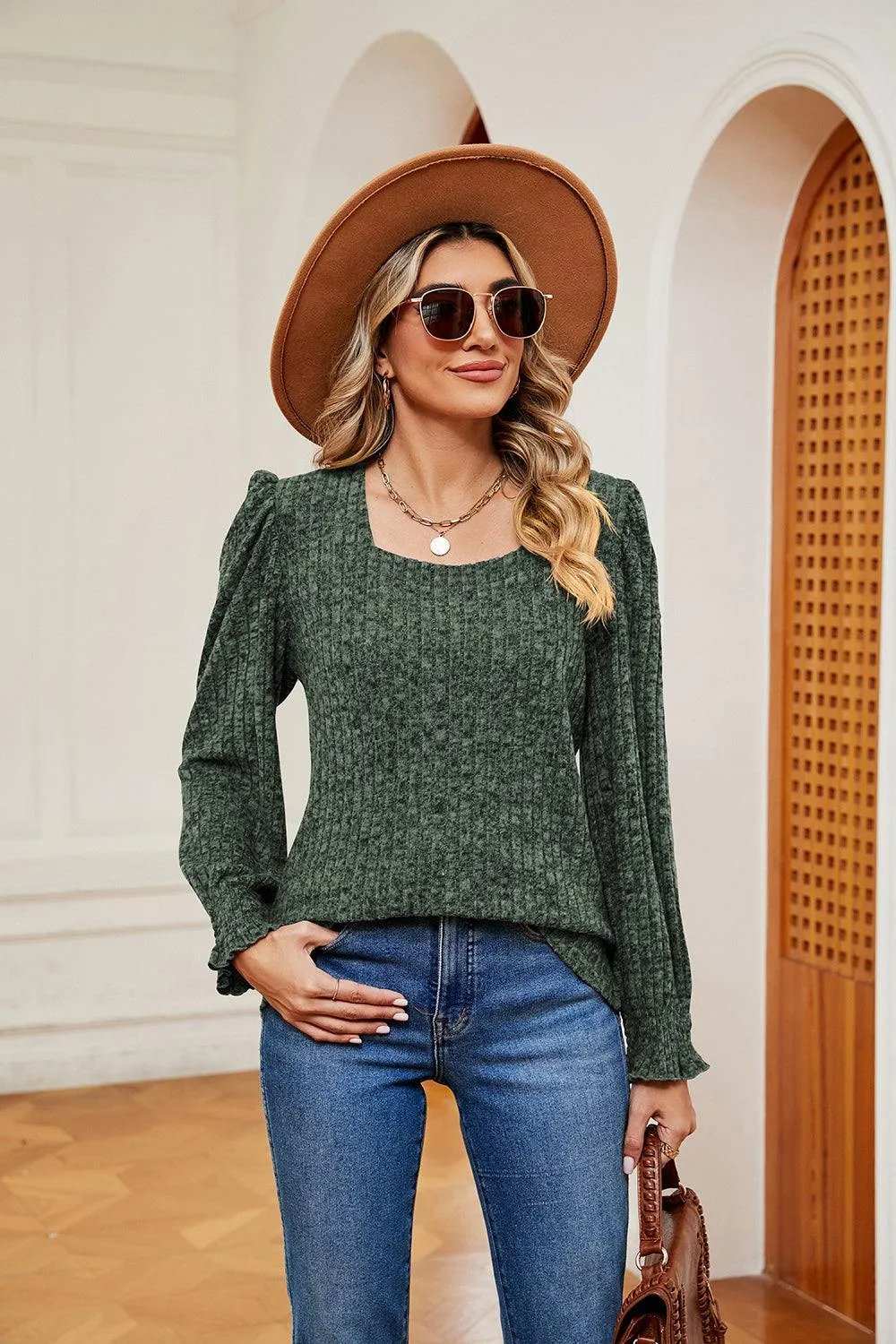 Square Neck Puff Sleeve Top - Trendsi - Flyclothing LLC
