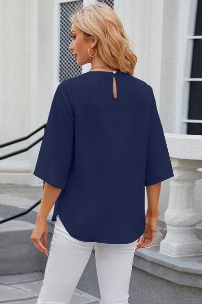 Round Neck Slit Half Sleeve Top - Trendsi