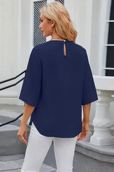 Round Neck Slit Half Sleeve Top - Trendsi - Flyclothing LLC