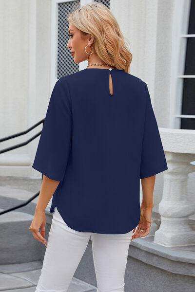 Round Neck Slit Half Sleeve Top - Trendsi - Flyclothing LLC