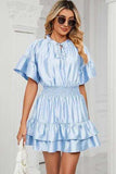 Smocked Tie Neck Flounce Sleeve Dress - Trendsi - Flyclothing LLC