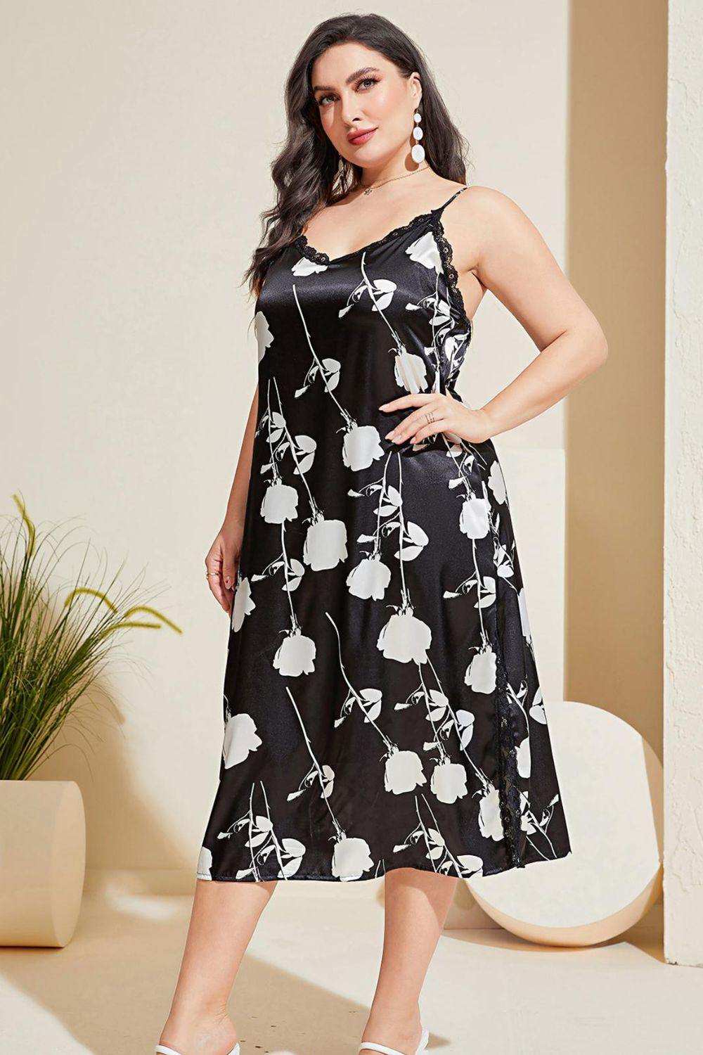 Plus Size Floral Lace Trim Side Slit Night Dress - Trendsi - Flyclothing LLC