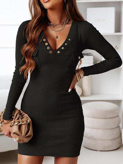 V-Neck Long Sleeve Ribbed Dress - Trendsi - Flyclothing LLC