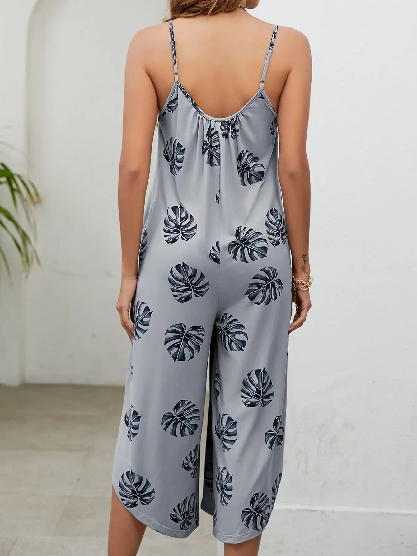 Botanical Print Spaghetti Strap Scoop Neck Jumpsuit - Trendsi - Flyclothing LLC