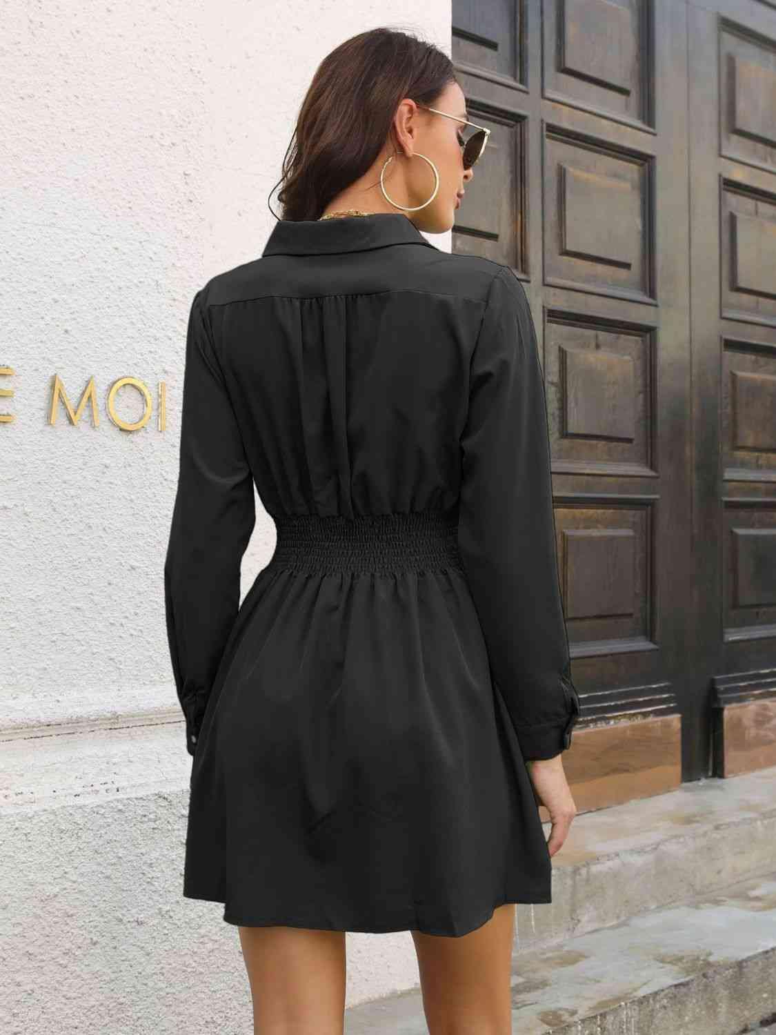Johnny Collar Smocked Waist Long Sleeve Mini Dress - Trendsi