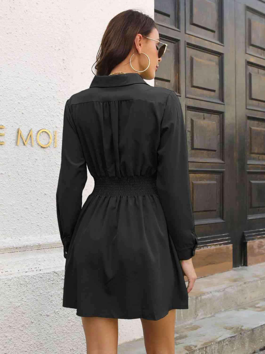 Johnny Collar Smocked Waist Long Sleeve Mini Dress - Trendsi - Flyclothing LLC