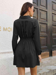 Johnny Collar Smocked Waist Long Sleeve Mini Dress - Trendsi