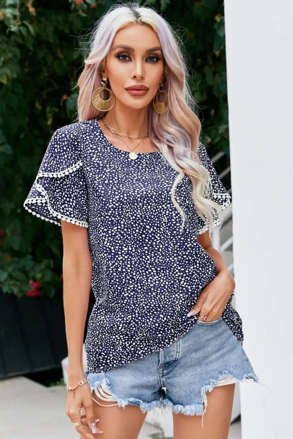 Printed Pom Pom Detail Petal Sleeve Blouse - Trendsi - Flyclothing LLC