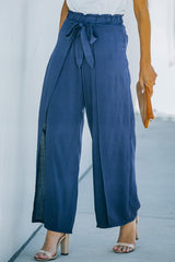 Paperbag Waist Tie Front Wide Leg Pants - Flyclothing LLC