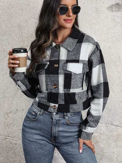 Plaid Button Up Drop Shoulder Cropped Jacket - Trendsi - Flyclothing LLC