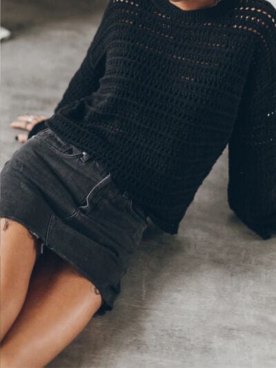 Openwork Round Neck Dropped Shoulder Knit Top - Trendsi