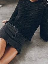 Openwork Round Neck Dropped Shoulder Knit Top - Trendsi - Flyclothing LLC