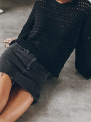 Openwork Round Neck Dropped Shoulder Knit Top - Trendsi