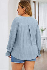Plus Size Eyelet Notched Flounce Sleeve Blouse - Trendsi - Flyclothing LLC