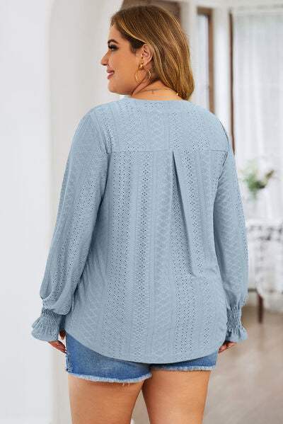 Plus Size Eyelet Notched Flounce Sleeve Blouse - Trendsi - Flyclothing LLC