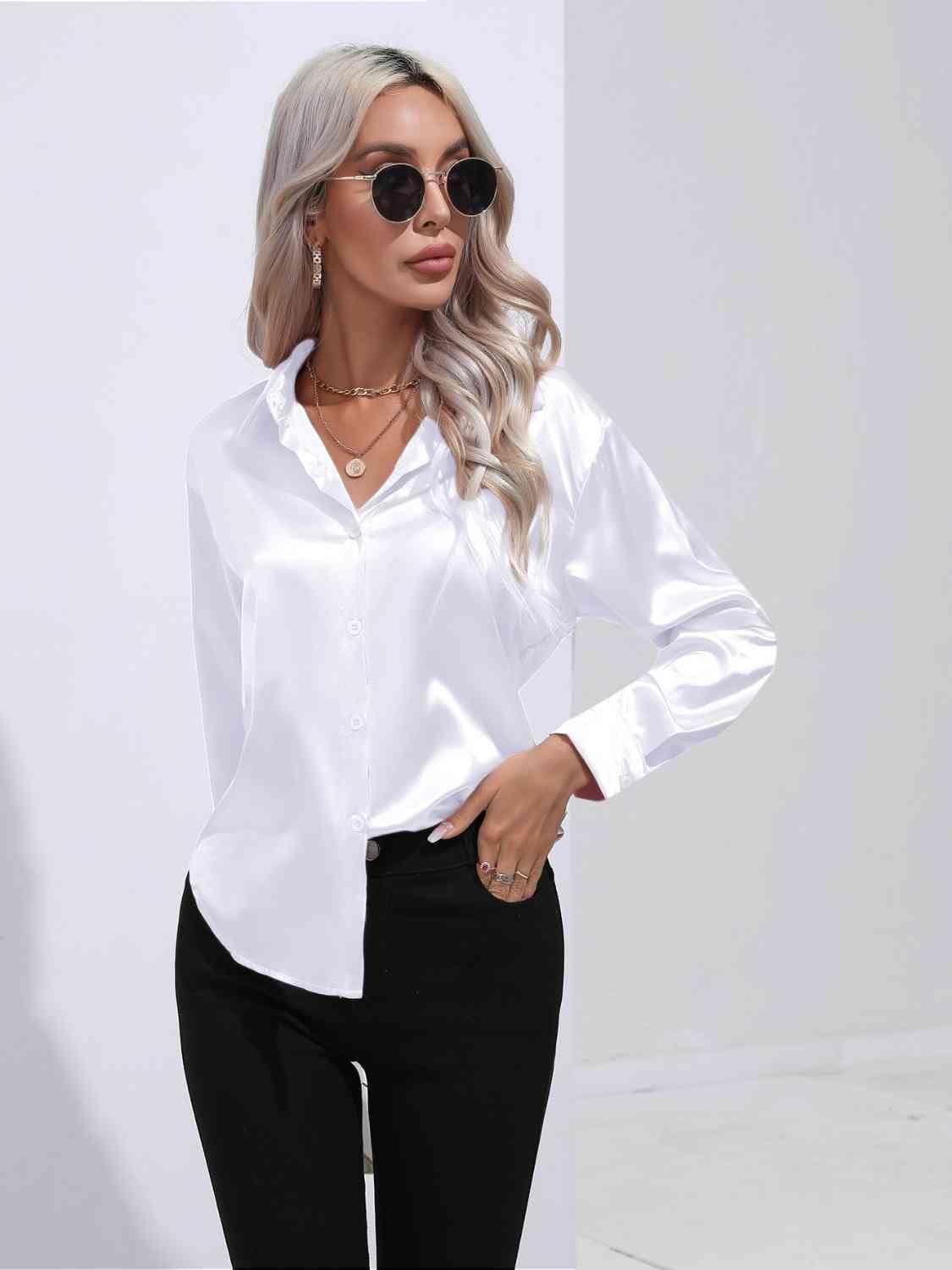 Collared Neck Buttoned Long Sleeve Shirt - Trendsi