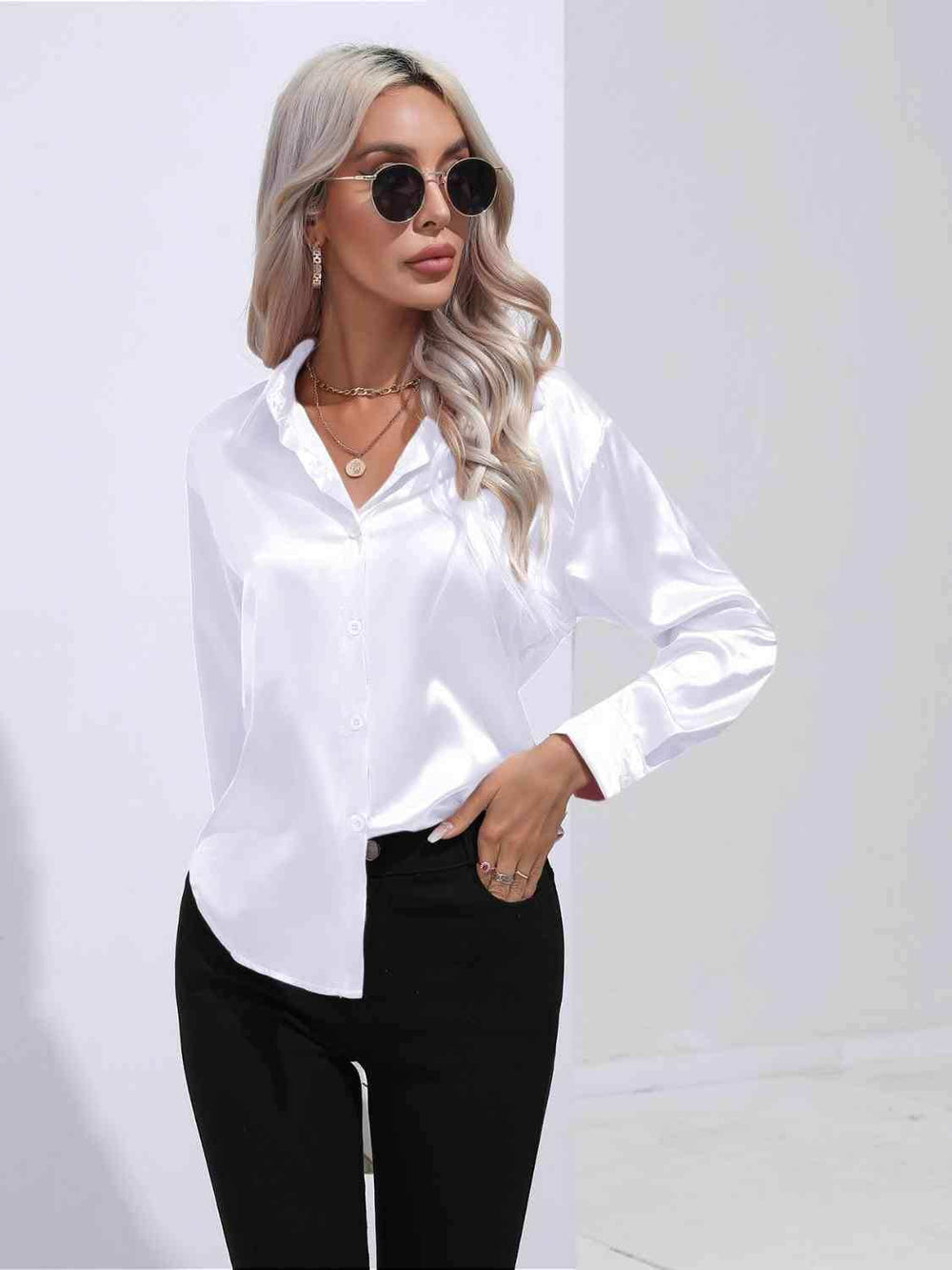 Collared Neck Buttoned Long Sleeve Shirt - Trendsi - Flyclothing LLC