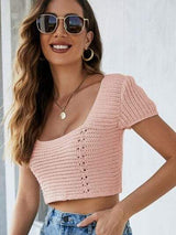 Lace-Up Openwork Square Neck Sweater - Trendsi - Flyclothing LLC