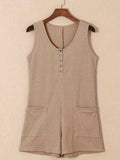 Waffle-Knit Half Button Sleeveless Romper with Pockets - Trendsi - Flyclothing LLC