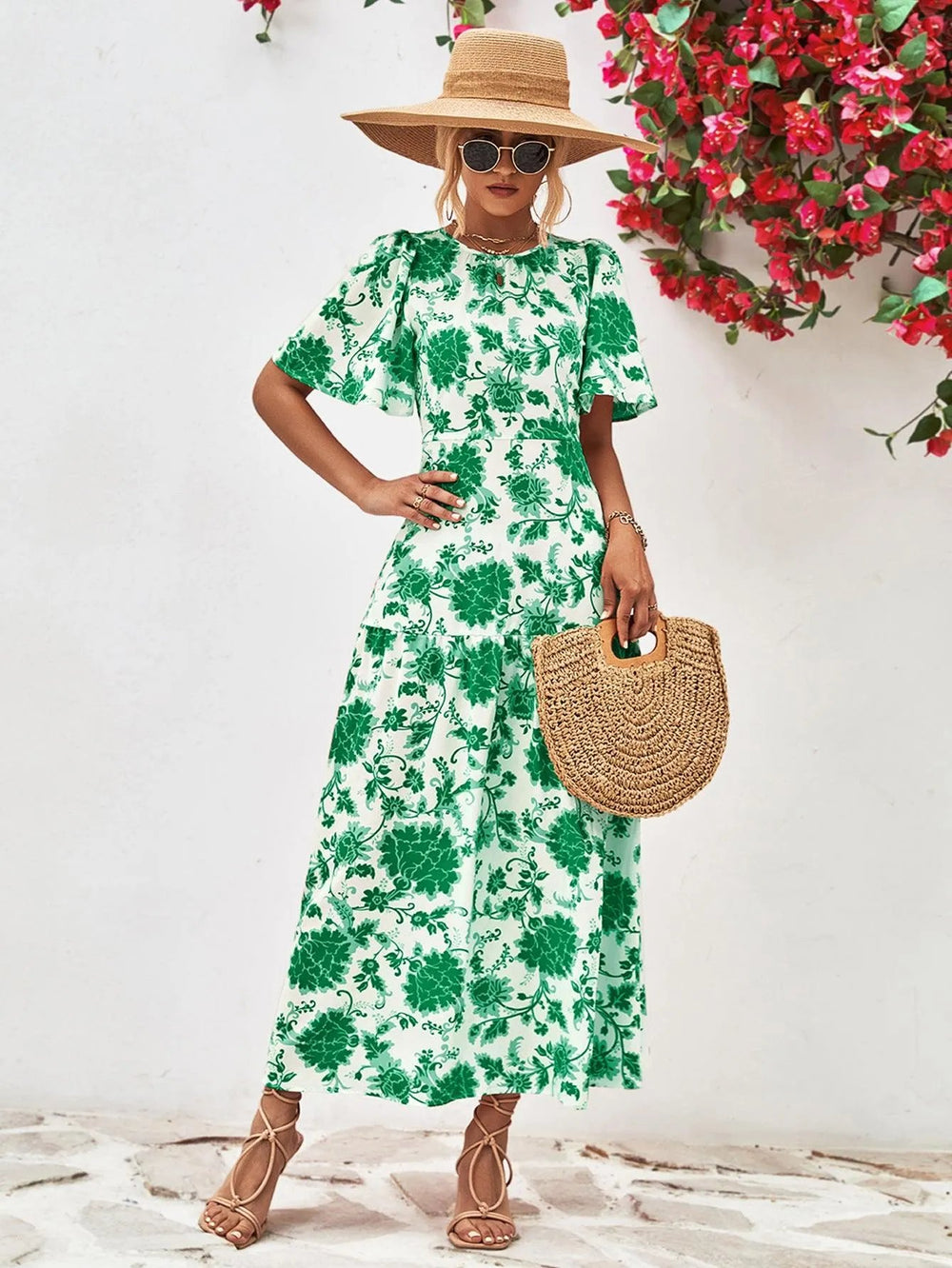 Floral Round Neck Tied Open Back Dress - Trendsi