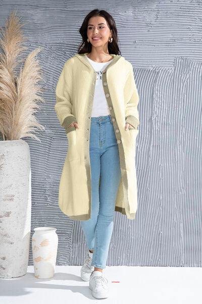 Button Up Contrast Trim Hooded Cardigan - Trendsi