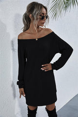 Waffle-Knit Boat Neck Mini Dress - Flyclothing LLC