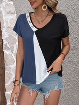 Color Block Decorative Button V-Neck Tee - Trendsi - Flyclothing LLC