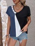 Color Block Decorative Button V-Neck Tee - Trendsi - Flyclothing LLC