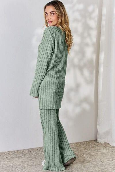 Basic Bae Full Size Ribbed High-Low Top and Wide Leg Pants Set - Trendsi