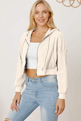 Waffle-Knit Drawstring Zip Up Hoodie - Trendsi - Flyclothing LLC