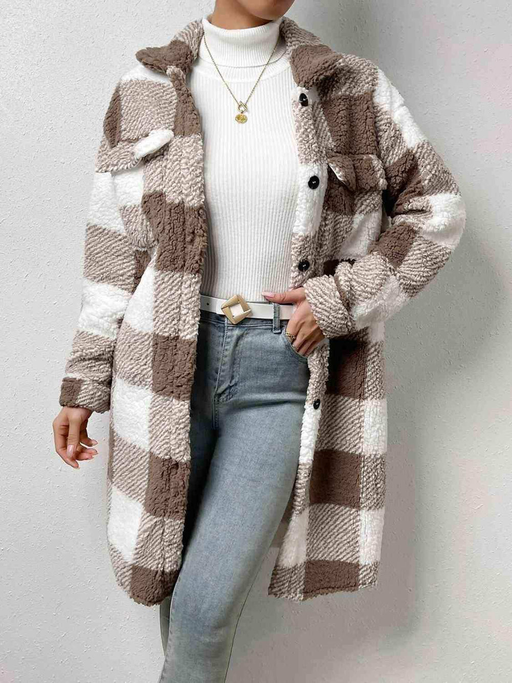 Plaid Collared Neck Button Down Coat - Trendsi - Flyclothing LLC