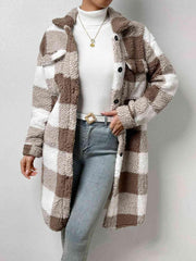 Plaid Collared Neck Button Down Coat - Trendsi