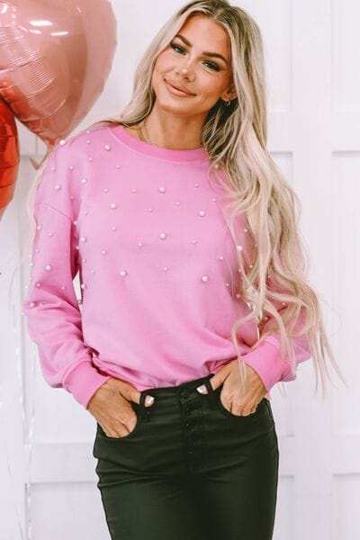 Pearl Round Neck Dropped Shoulder Sweatshirt - Trendsi - Flyclothing LLC