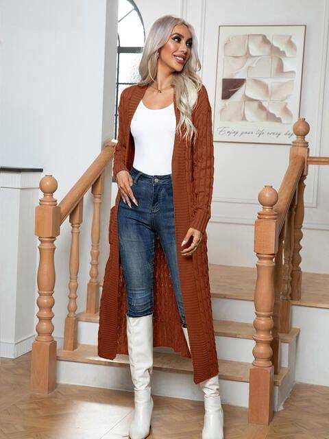 Cable-Knit Open Front Cardigan with Pockets - Trendsi - Flyclothing LLC