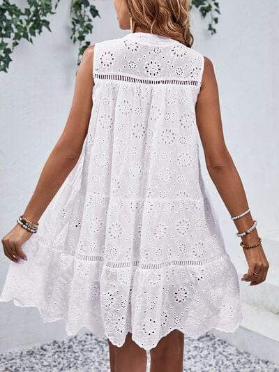 Eyelet Tie Neck Sleeveless Mini Dress - Trendsi - Flyclothing LLC