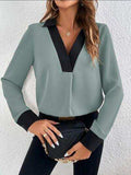 Contrast Trim V-Neck Long Sleeve Blouse - Trendsi - Flyclothing LLC