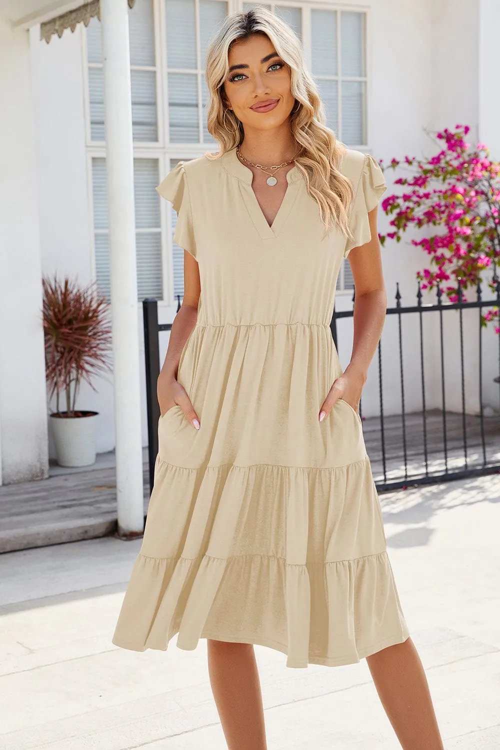 Ruched Notched Cap Sleeve Dress - Trendsi - Flyclothing LLC