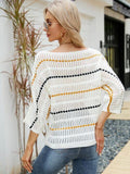 Eyelet Striped Round Neck Knit Top - Trendsi