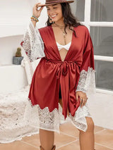 Plus Size Lace Patchwork Tie Front Robe - Trendsi - Flyclothing LLC