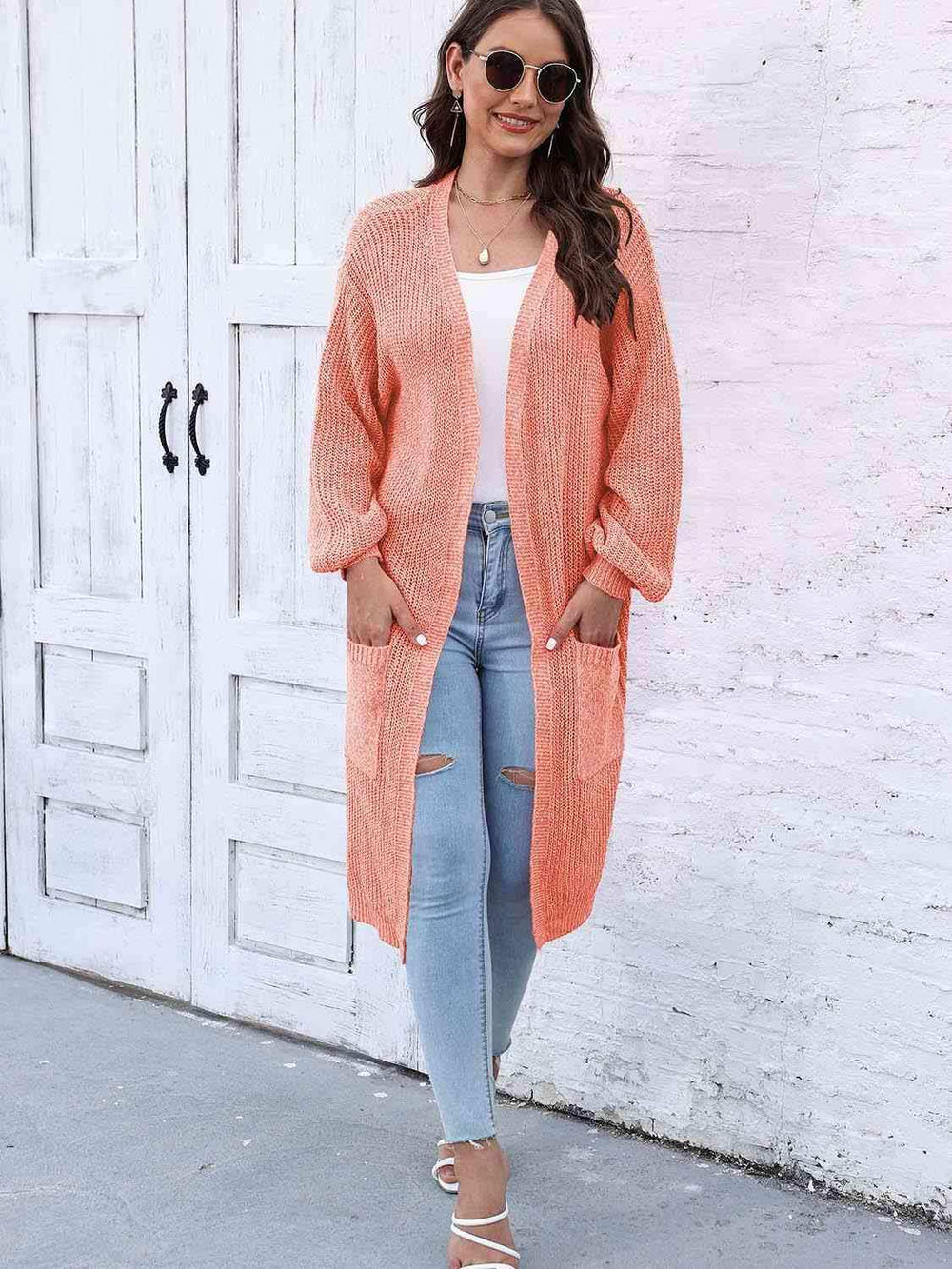 Open Front Longline Cardigan with Pockets - Trendsi - Flyclothing LLC