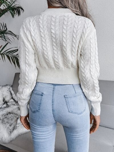Cable-Knit Round Neck Sweater - Trendsi
