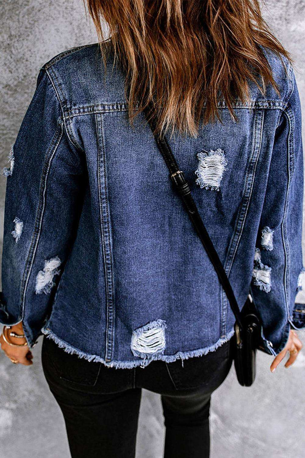 Mixed Print Distressed Button Front Denim Jacket - Trendsi - Flyclothing LLC