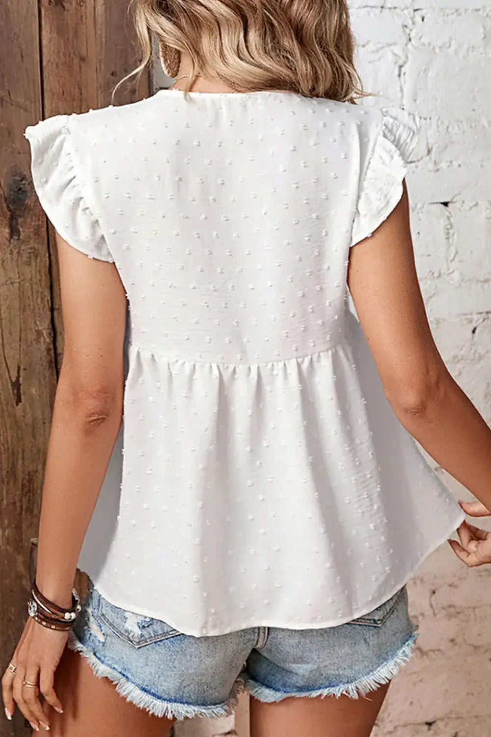 Swiss Dot Tie-Neck Flutter Sleeve Peplum Blouse - Trendsi - Flyclothing LLC