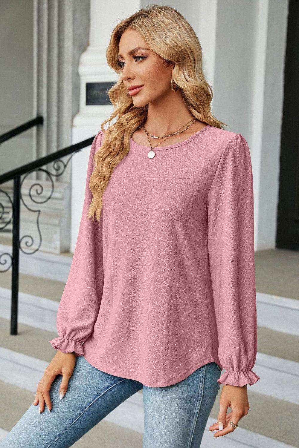 Round Neck Flounce Sleeve Blouse - Trendsi - Flyclothing LLC