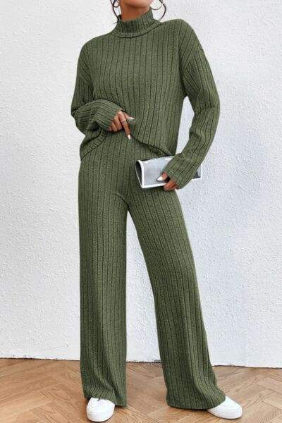 Mock Neck Dropped Shoulder Top and Pants Set - Trendsi - Flyclothing LLC