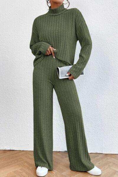 Mock Neck Dropped Shoulder Top and Pants Set - Trendsi - Flyclothing LLC