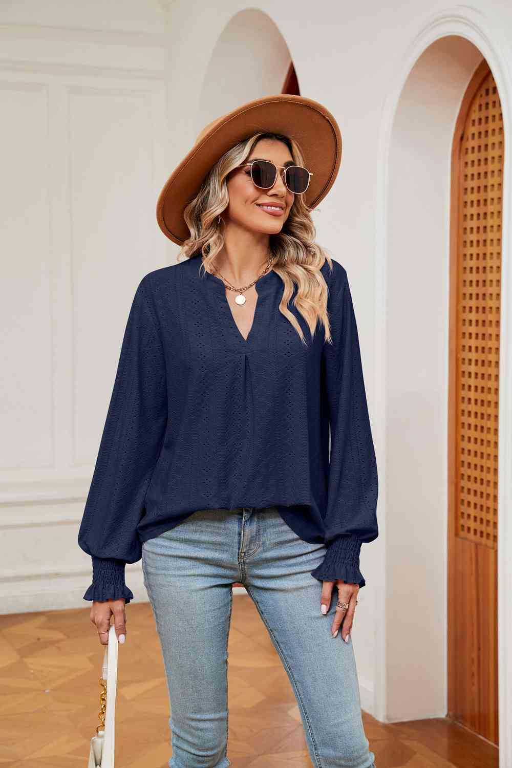 Notched Neck Flounce Sleeve Blouse - Trendsi