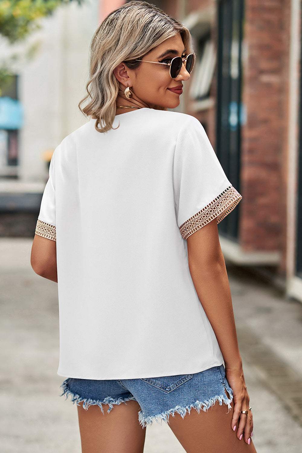 Openwork V-Neck Short Sleeve T-Shirt - Trendsi - Flyclothing LLC